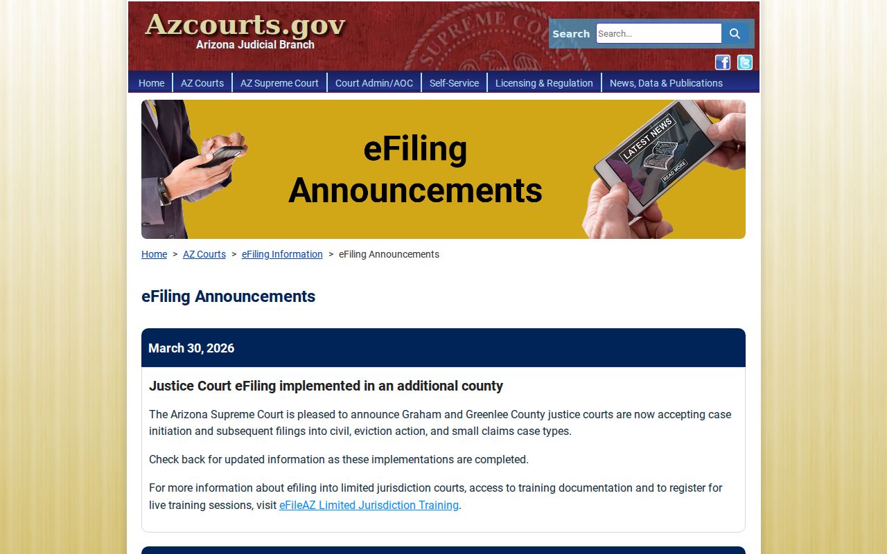 Apache County court calendar electronic filing announcements