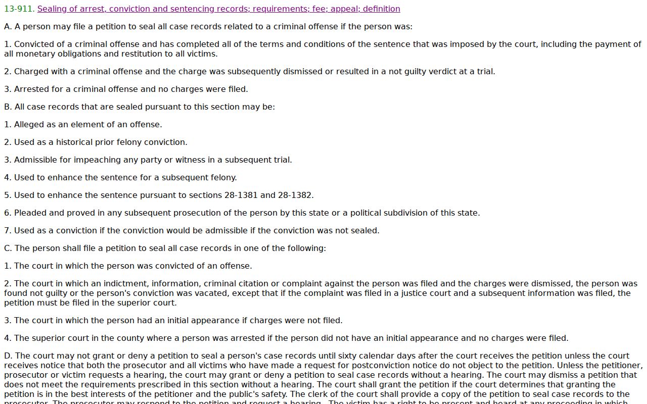 Apache County criminal docket A.R.S. 13-911 sealing law