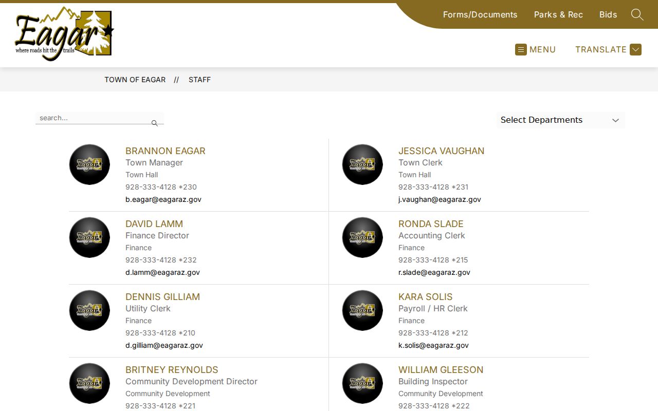 Eagar court records clerk and Town Hall contact page
