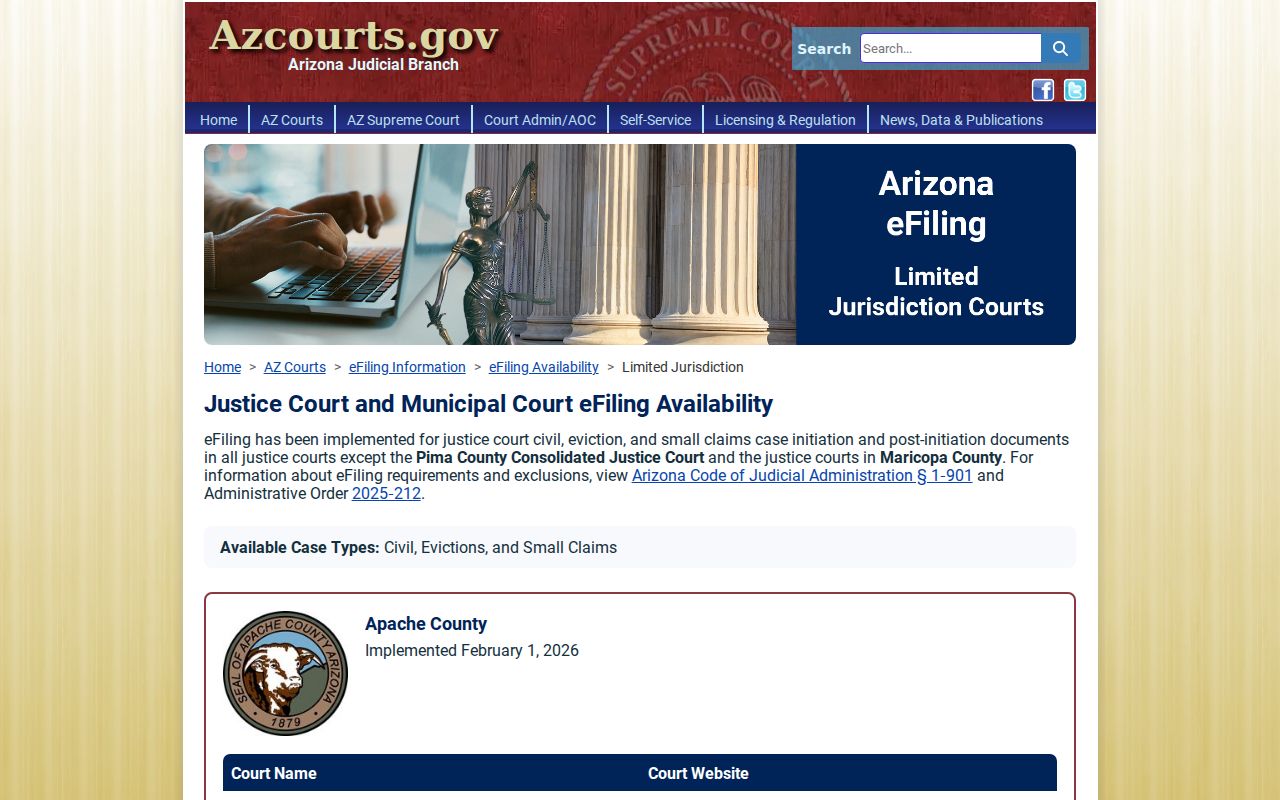 Apache County case search Justice Court eFiling availability